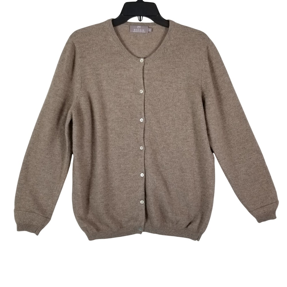 Brodie Cashmere Cardigan Women L Taupe Brown 100% Cashmere Button Front Sweater